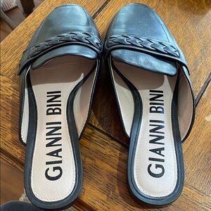 Black leather mules. Size 7.5M.  Worn once by me. Black braiding in front. EUC